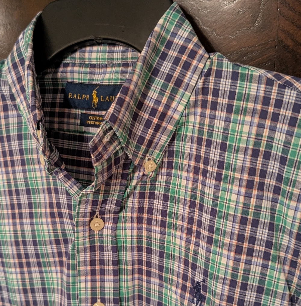 Ralph Lauren Men's Blue and Green Plaid Shirt
